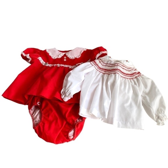 Vintage 80s Baby Clothes Dresses Diaper Cover Bloomers 3 - 6 Months Girls Red